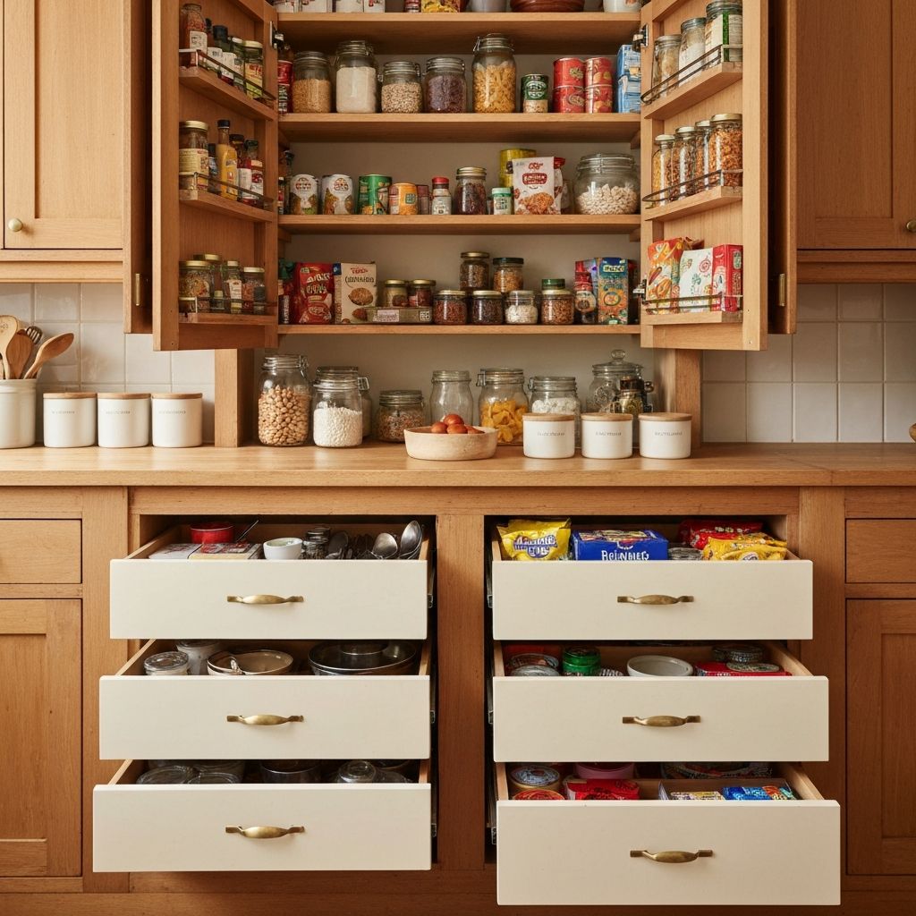 Organized British kitchen cupboards showing different foods