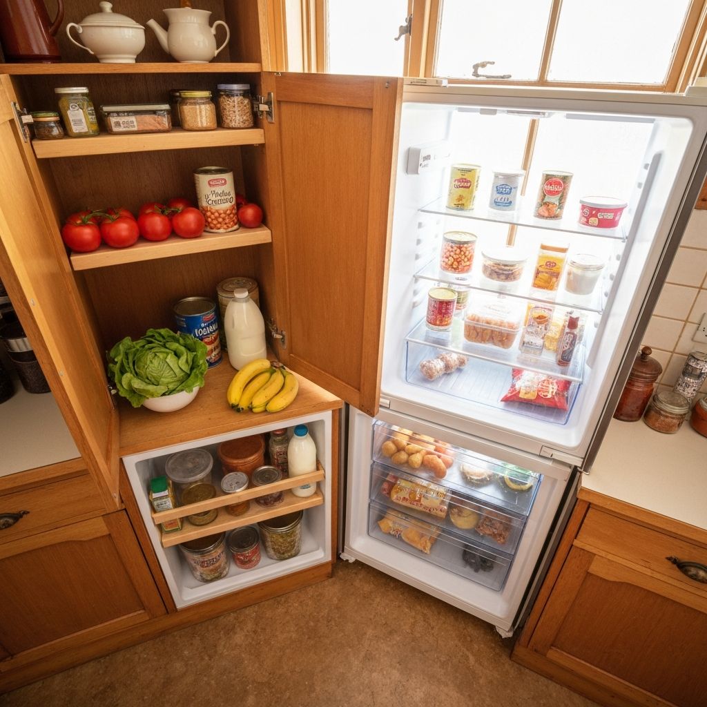 Open British kitchen cupboard showing variety of foods